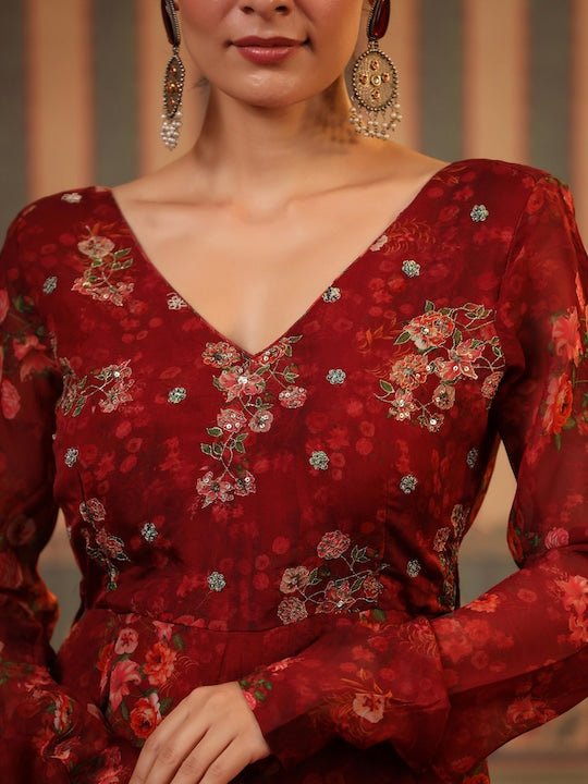 Scakhi Floral Printed Sequinned Silk Maxi Ethnic Dresses