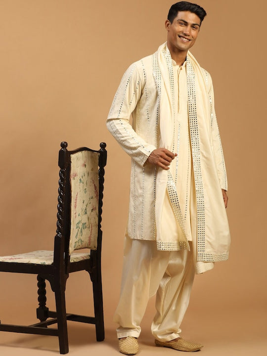 Vastramay Men Cream-Coloured Mirror Work Kurta with Patiala & Dupatta