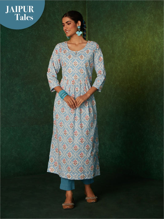 Likha Blue Jaipuri Printed Naira Cut Co-ord Set LIKSKD140 (Set of 2)