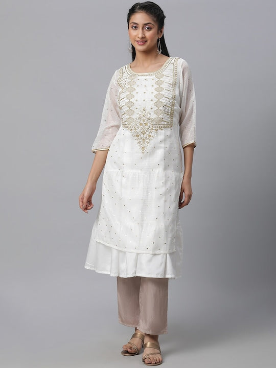 Aurelia Ethnic Embroidered Layered A-Line Kurta with Trousers