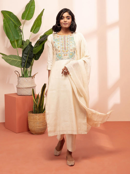 Likha Shaan-E-Avadh Off White Mirror Work Kurta Pant & Dupatta LIKSKD131 (Set of 3)