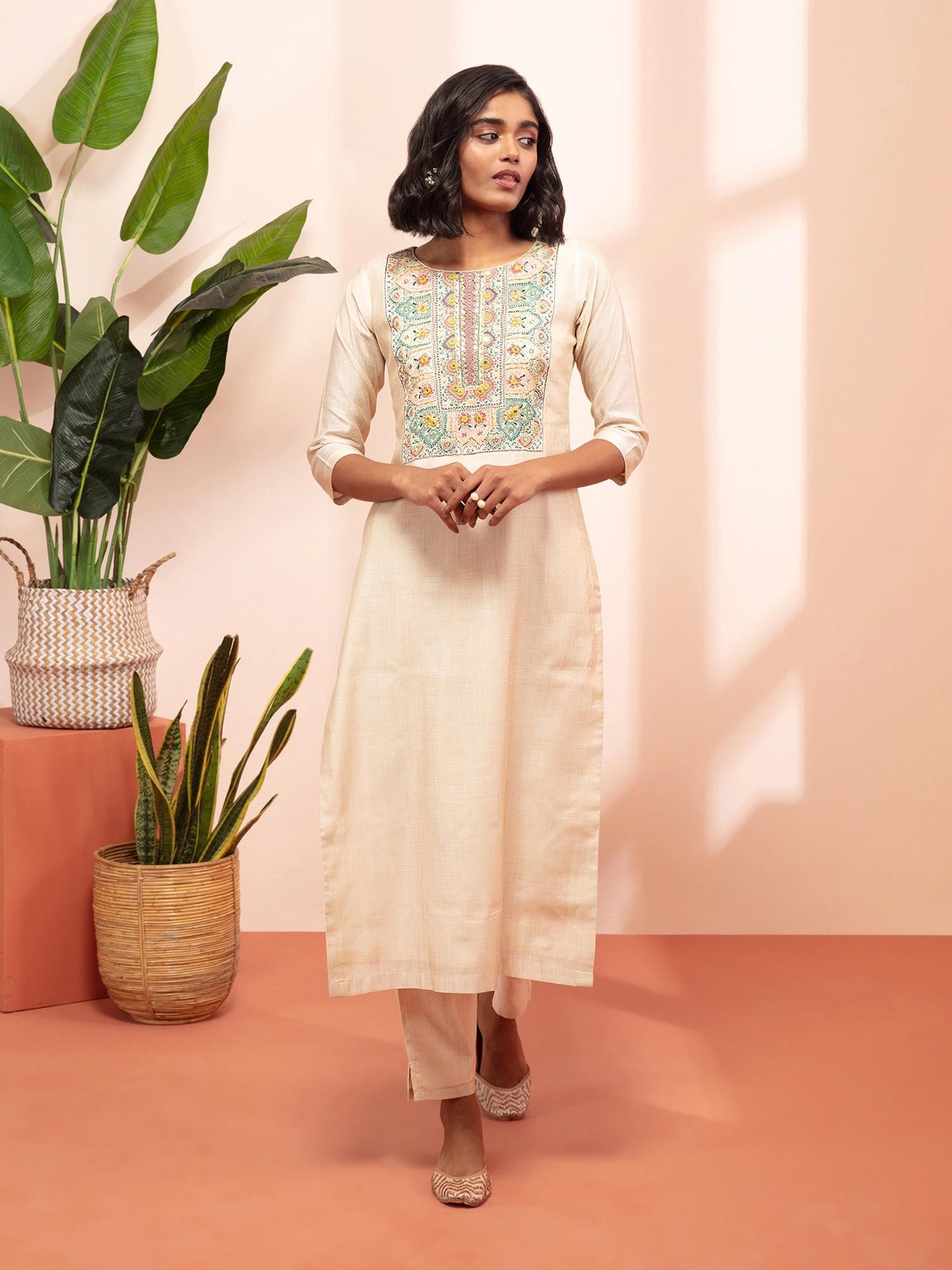 Likha Shaan-E-Avadh Off White Mirror Work Kurta Pant & Dupatta LIKSKD131 (Set of 3)