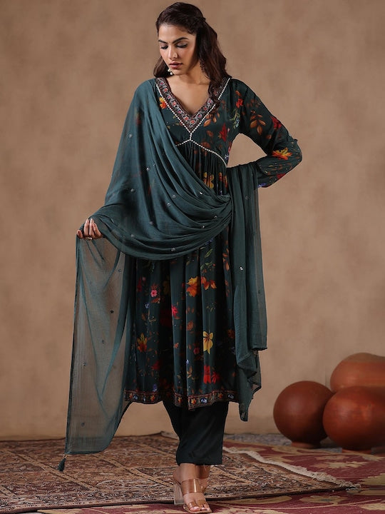 Scakhi Floral Printed Beads & Stones Empire Kurta With Trousers & Dupatta