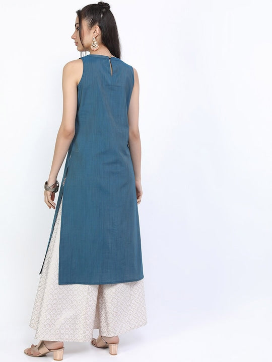 Vishudh Women Teal Ethnic Motifs Embroidered Kurta with Palazzos