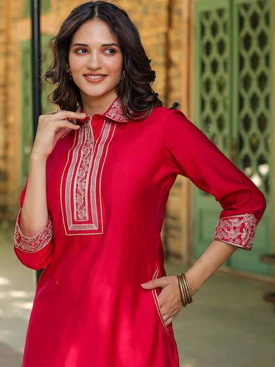 SCAKHI Ethnic Motifs Yoke Design Regular Thread Work Straight Kurta with Patiala