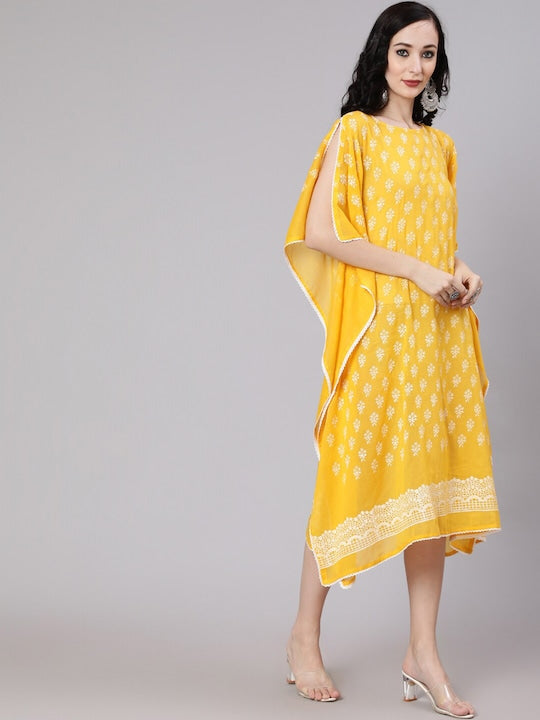 AKS Round Neck Ethnic Motifs Printed Kaftan Slit Sleeve Asymetric Cotton Midi Dress