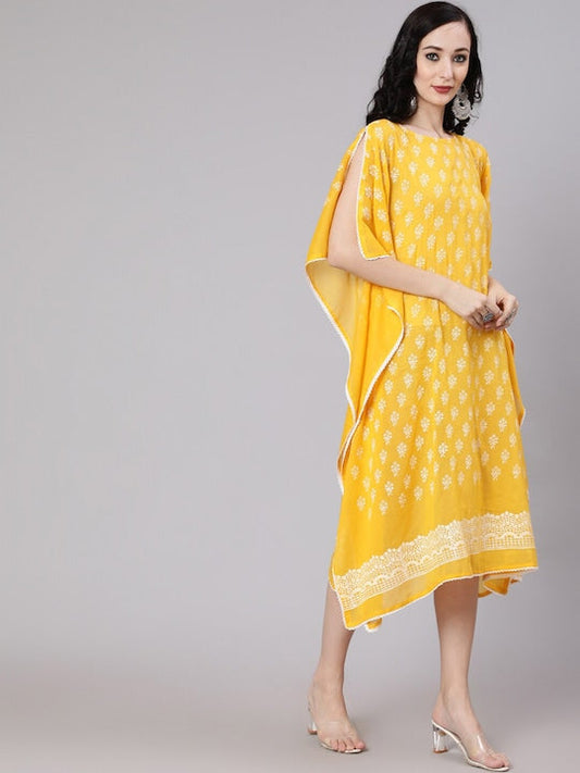 AKS Round Neck Ethnic Motifs Printed Kaftan Slit Sleeve Asymetric Cotton Midi Dress