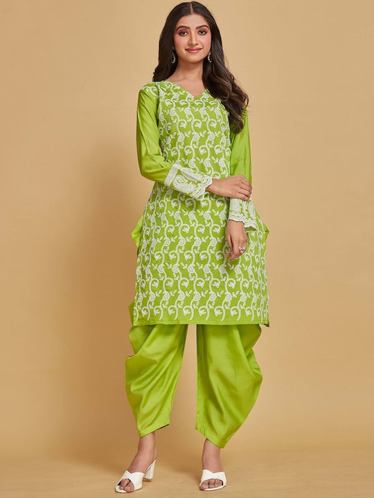 Sangria Green Floral Embroidered Pure Cotton Straight Kurta & Dhoti Pant