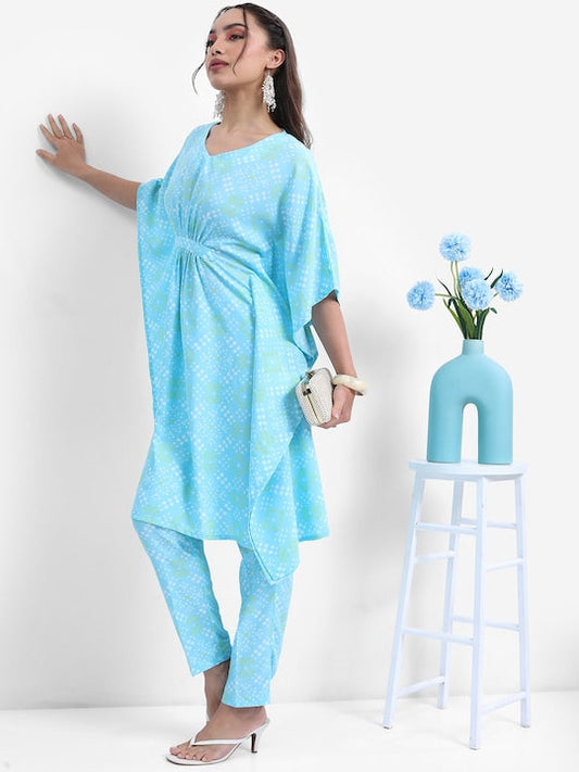 Vishudh Blue Bandhani Printed Flared Sleeves Kaftan With Trousers