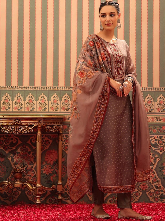 Scakhi Ethnic Motifs Printed Kantha Work Chanderi Silk Kurta With Trousers & Dupatta