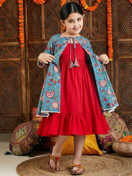 Vastramay Cotton Fit & Flared Dress With Printed Jacket