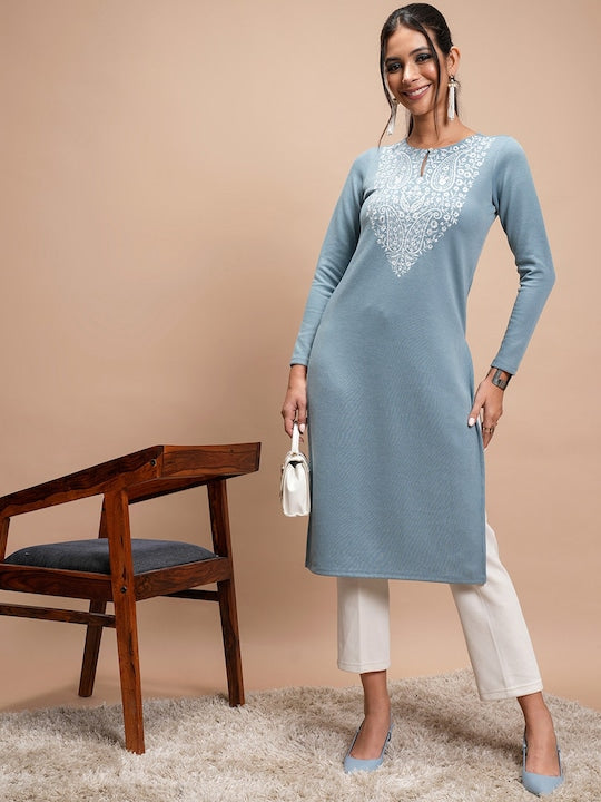 Vishudh Ethnic Motifs Embroidered Winter Keyhole Neck Kurta