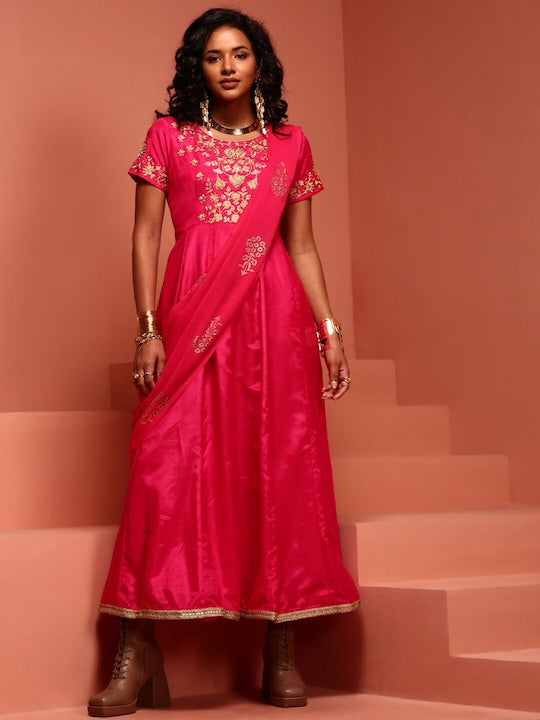 IMARA Ethnic Motifs Embroidered A-Line Ethnic Dress With Dupatta