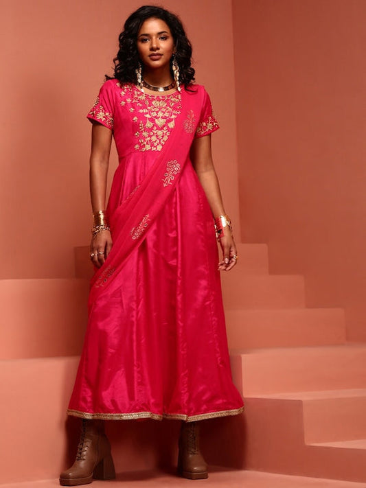 IMARA Ethnic Motifs Embroidered A-Line Ethnic Dress With Dupatta