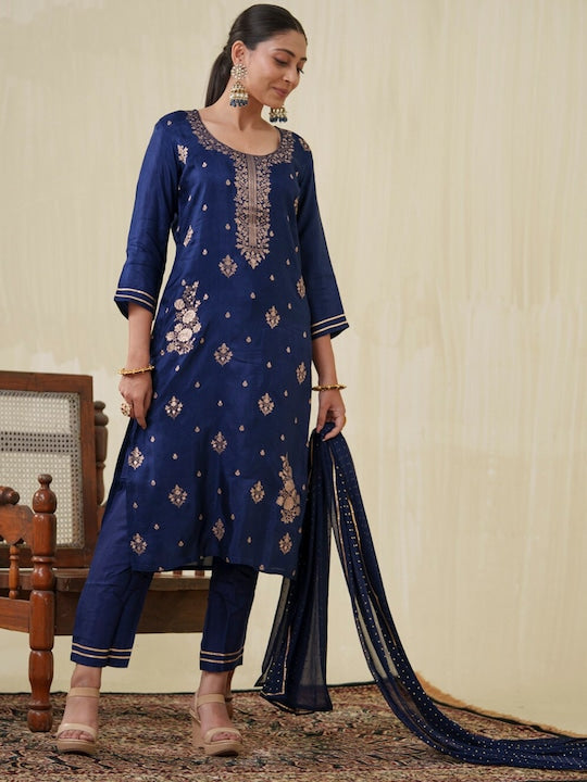 House of Pataudi Ethnic Motifs Printed Straight Kurta With Trouser & Dupatta