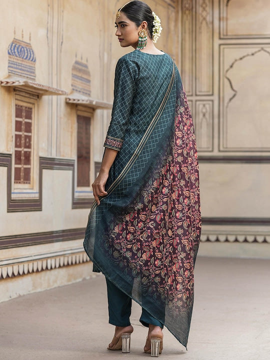 Scakhi Ethnic Motifs Woven Design Regular Kurta With Trousers & Dupatta