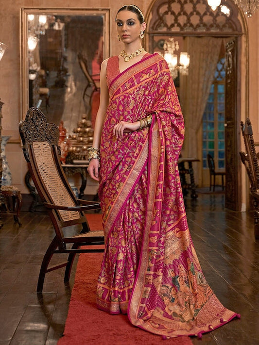 Anouk Pink & Green Ethnic Motifs Beads and Stones Silk Blend Banarasi Saree