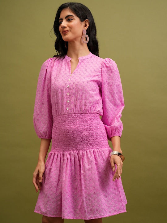 Vishudh Pink Self Design Mandarin Collar Puff Sleeves Smocked A-Line Dress