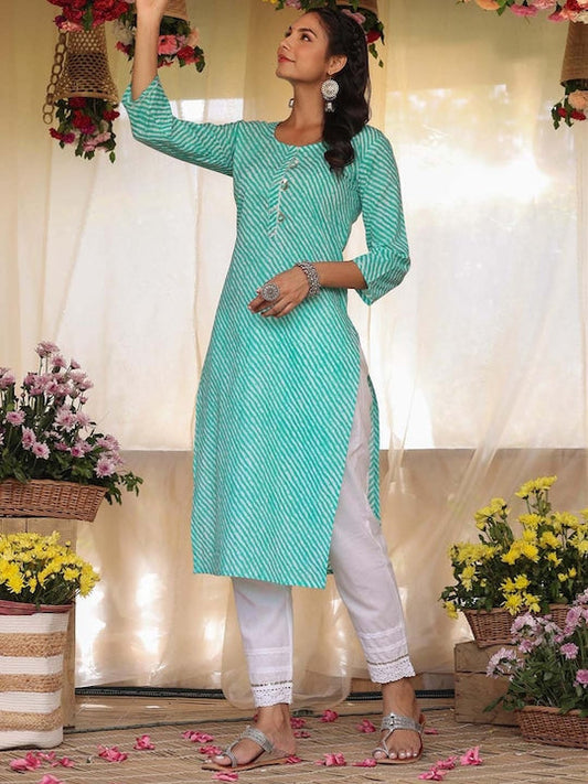 Scakhi Women Turquoise Blue Striped Kurta