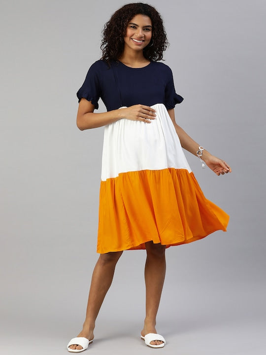 MomToBe Navy Blue Colourblocked Maternity Nursing Fit & Flare Dress