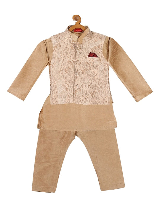 Vastramay Sishu Boys Regular Silk Blend Kurta With Pyjamas and Woven Nehru Jacket