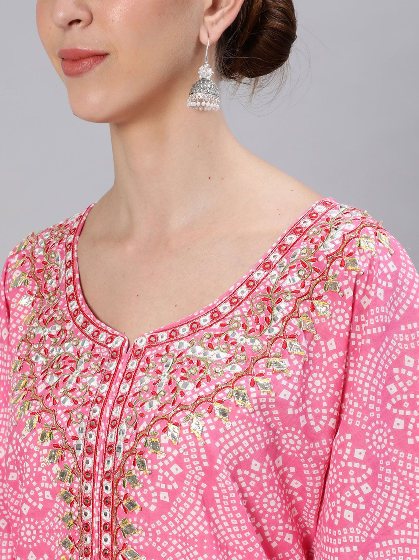 ISHIN womens Cotton Pink & White Embroidered Kaftan Kurta Trouser (Set of 2)