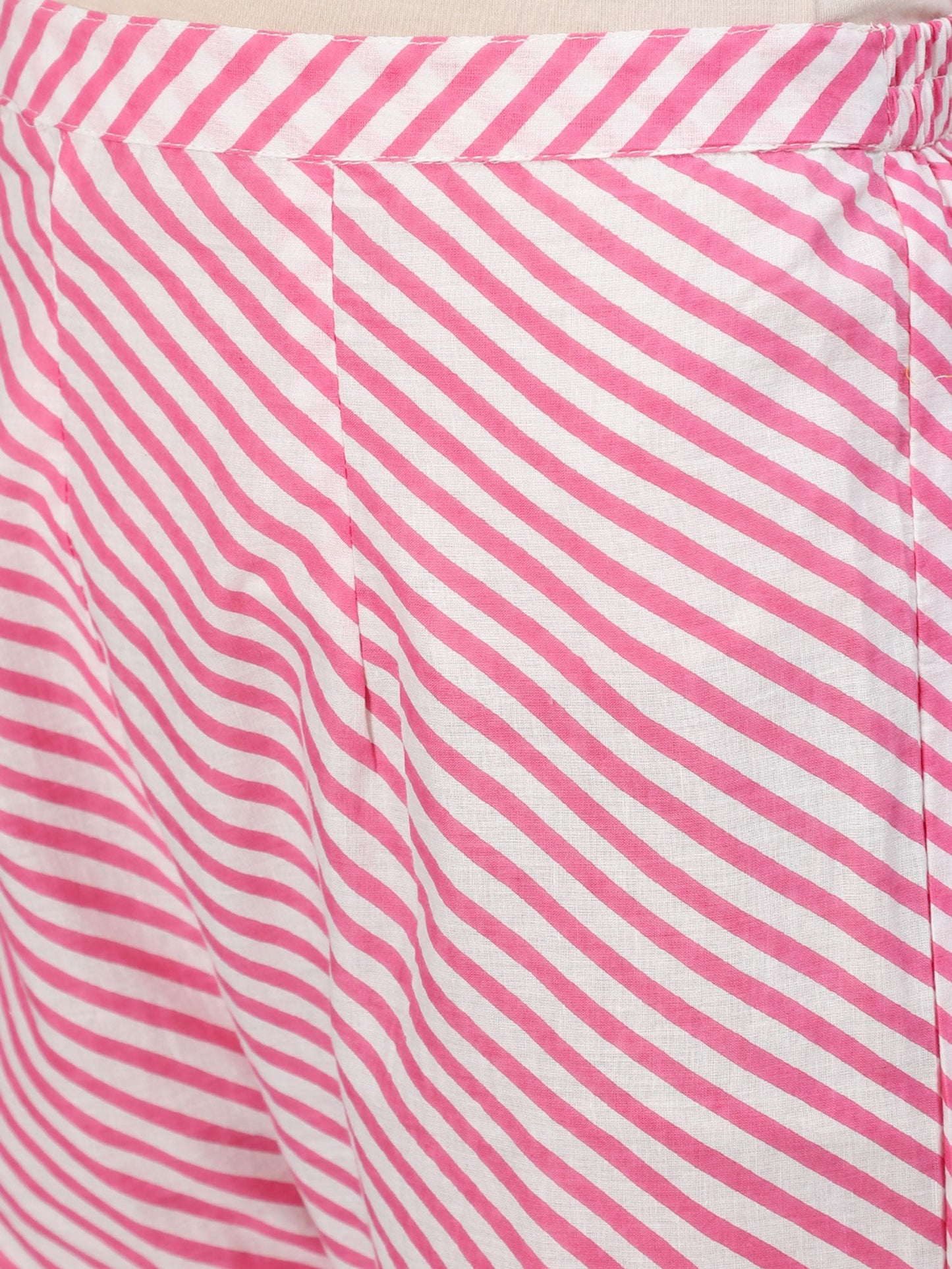 ISHIN womens Cotton Pink & White Embroidered Kaftan Kurta Trouser (Set of 2)