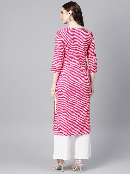 Yufta Women Pink & White Leheriya Print Straight Kurta Pink