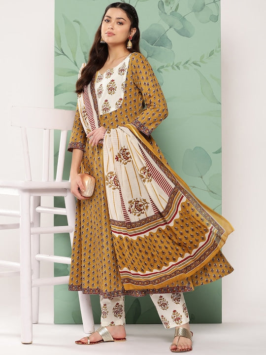 Yufta Floral Printed Pure Cotton Kurta with Trousers & With Dupatta