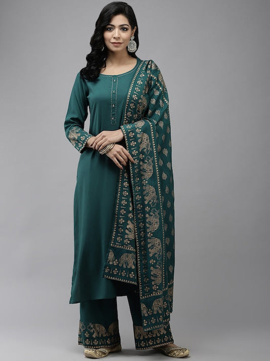 Yufta Women Teal Green & Gold-Toned Pure Cotton Kurta with Palazzos & With Dupatta