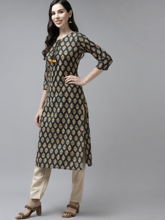 Yufta Women Teal Green Ethnic Motifs Printed Pure Cotton Kurta with Trousers