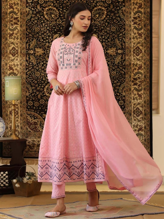 Scakhi Women Pink Ethnic Motifs Yoke Design Panelled Pure Cotton Kurta Set