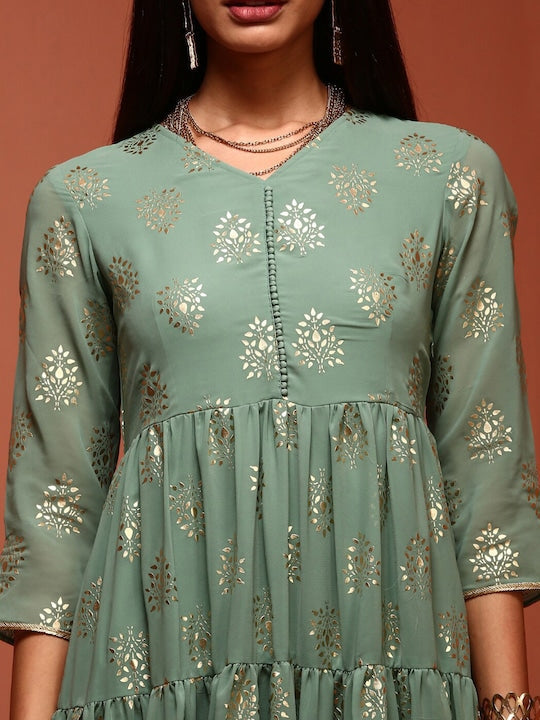 IMARA Ethnic Motifs Printed Tiered Midi Ethnic Dress With Dupatta