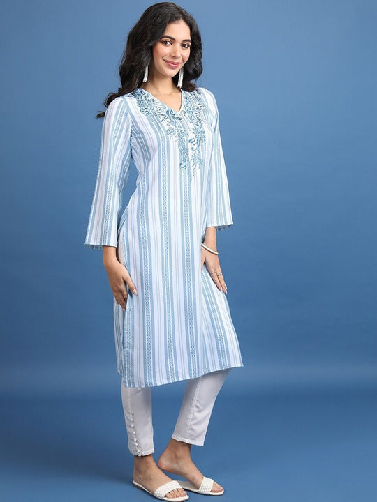 Vishudh Vertical Striped V-Neck Straight Kurta