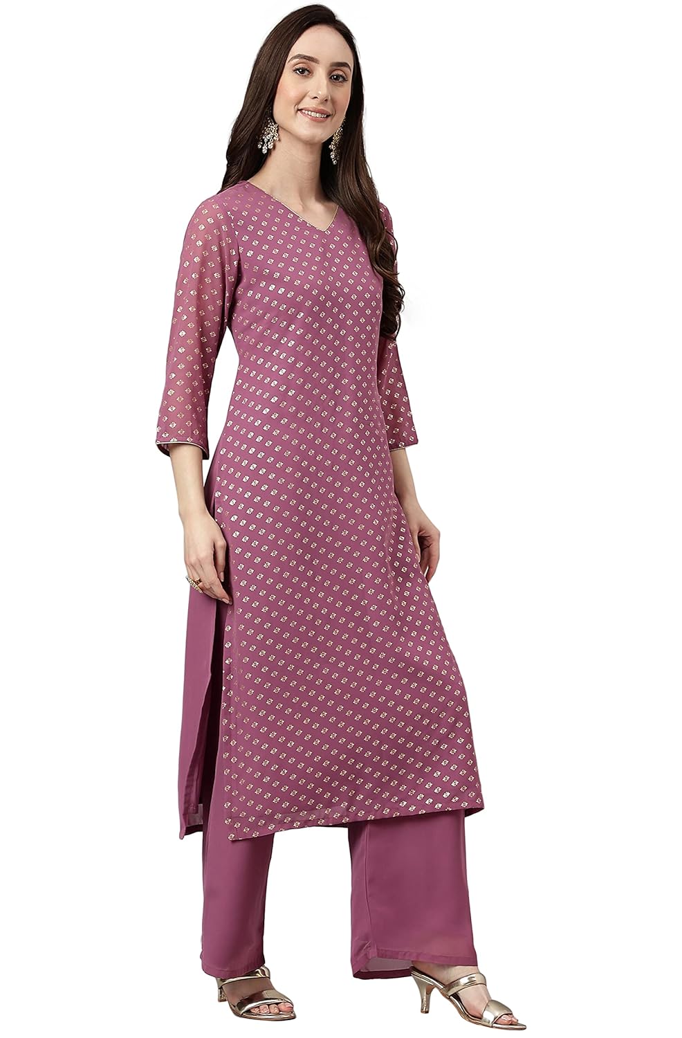 Janasya Women's Purple Georgette Foil Print Kurta with Palazzo and Dupatta