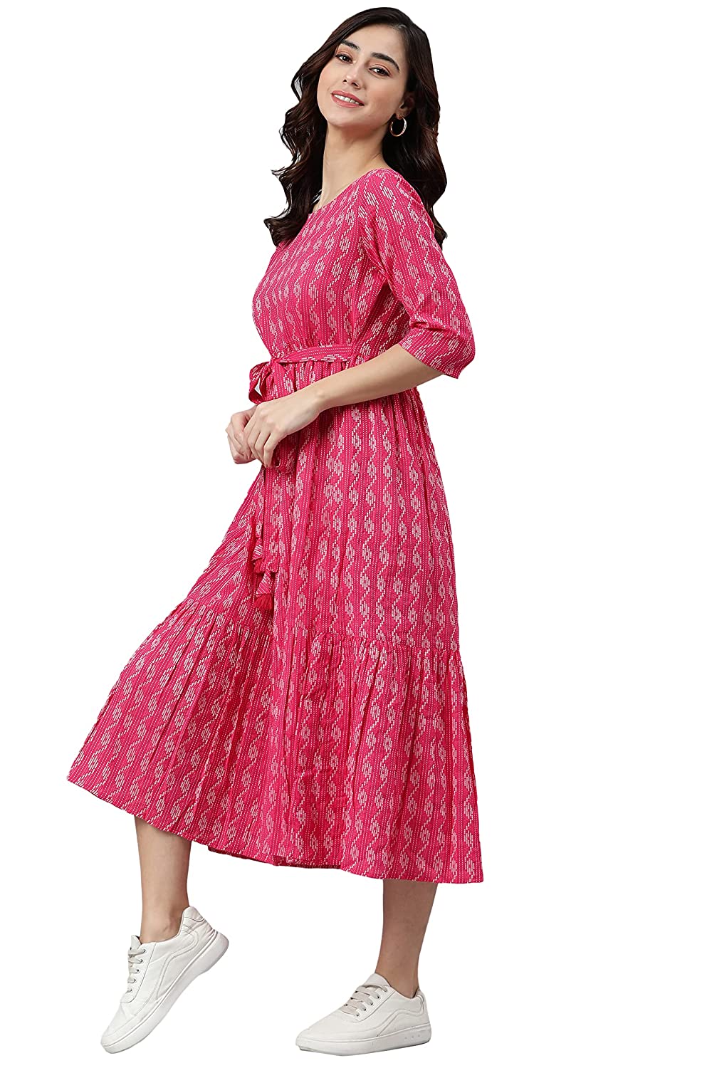 Janasya Women's Blue Cotton Woven Midi Dress Pink