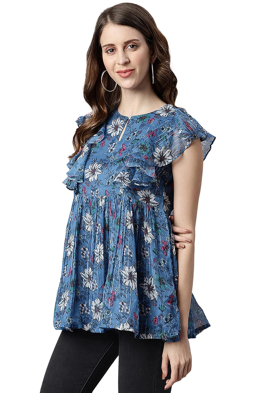 Janasya Women's Blue Floral Print Poly Georgette Top