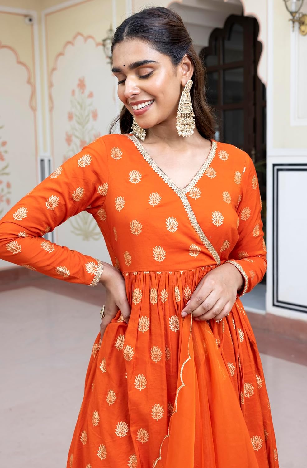 Janasya Women's Orange Brocade Woven Design Kurta with Palazzo and Dupatta