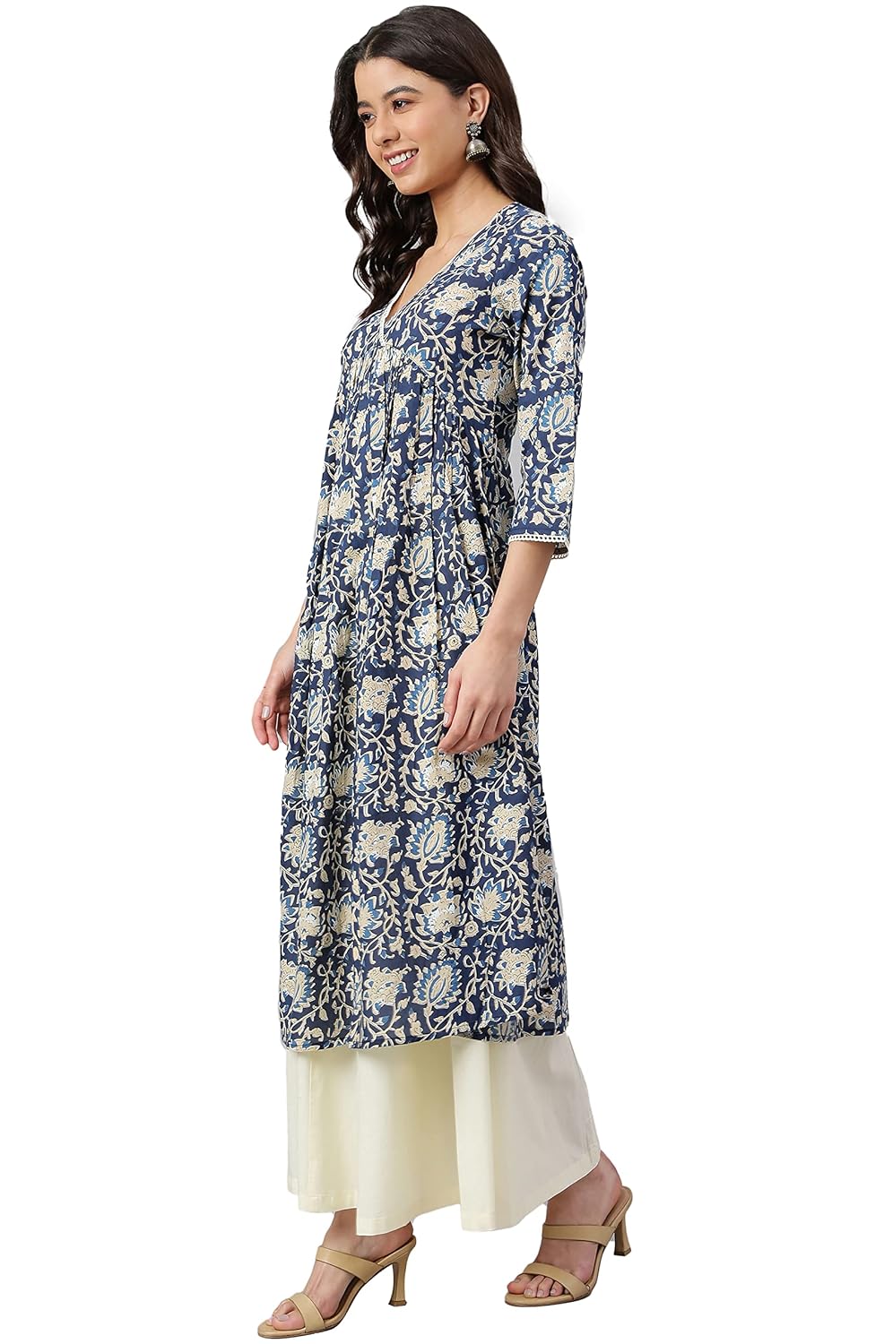 Janasya Women's Navy Blue Cotton Floral Print Flared Kurta