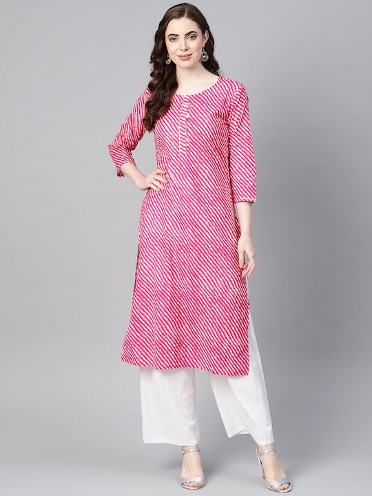 Yufta Women Pink & White Leheriya Print Straight Kurta Pink