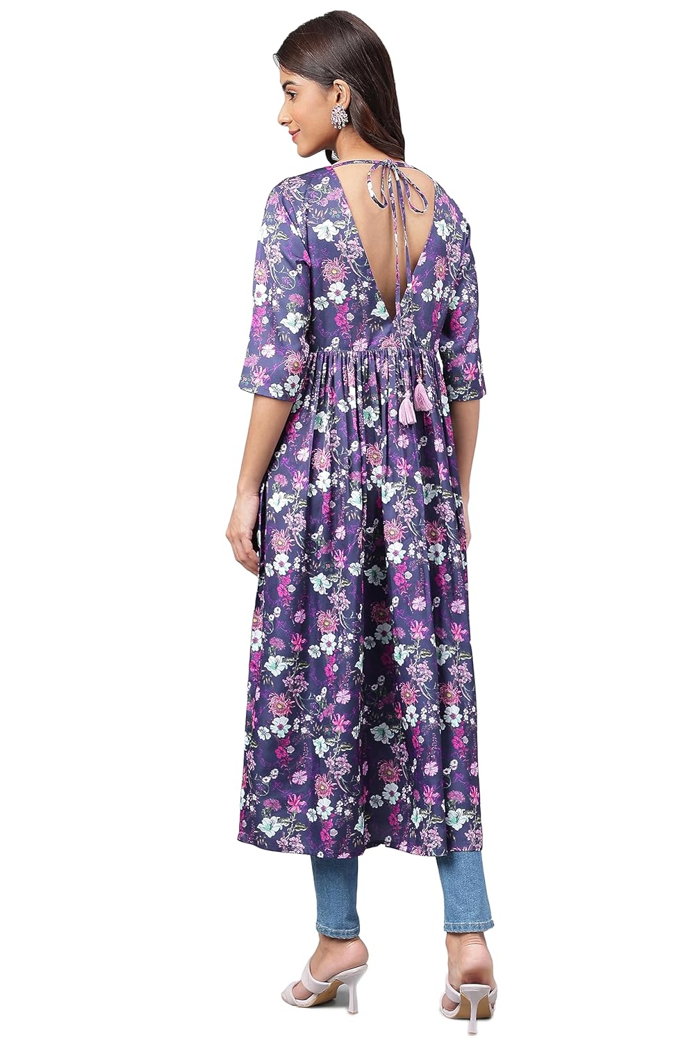 Janasya Women's Navy Blue Satin Digital Floral Printed Gathered Kurta