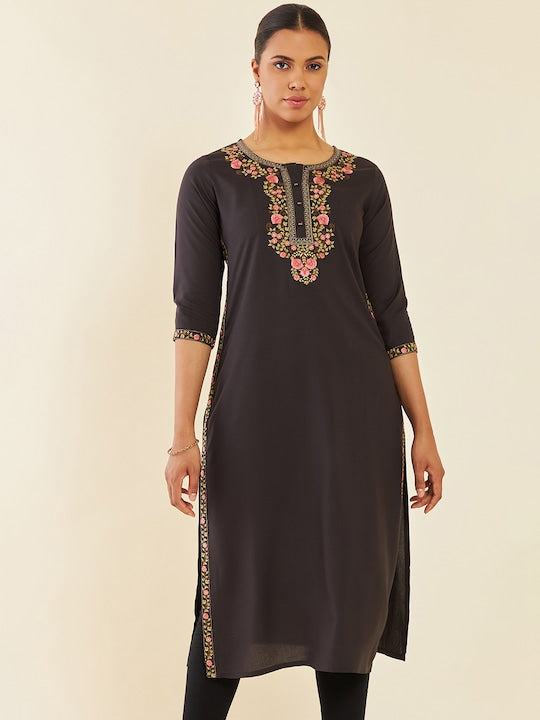 Soch Charcoal Floral Embroidered Straight Kurta