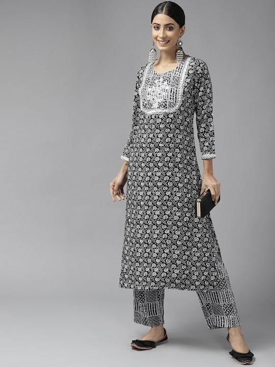 Yufta Women Black Ethnic Motifs Printed Mirror Work Kurta with Trousers