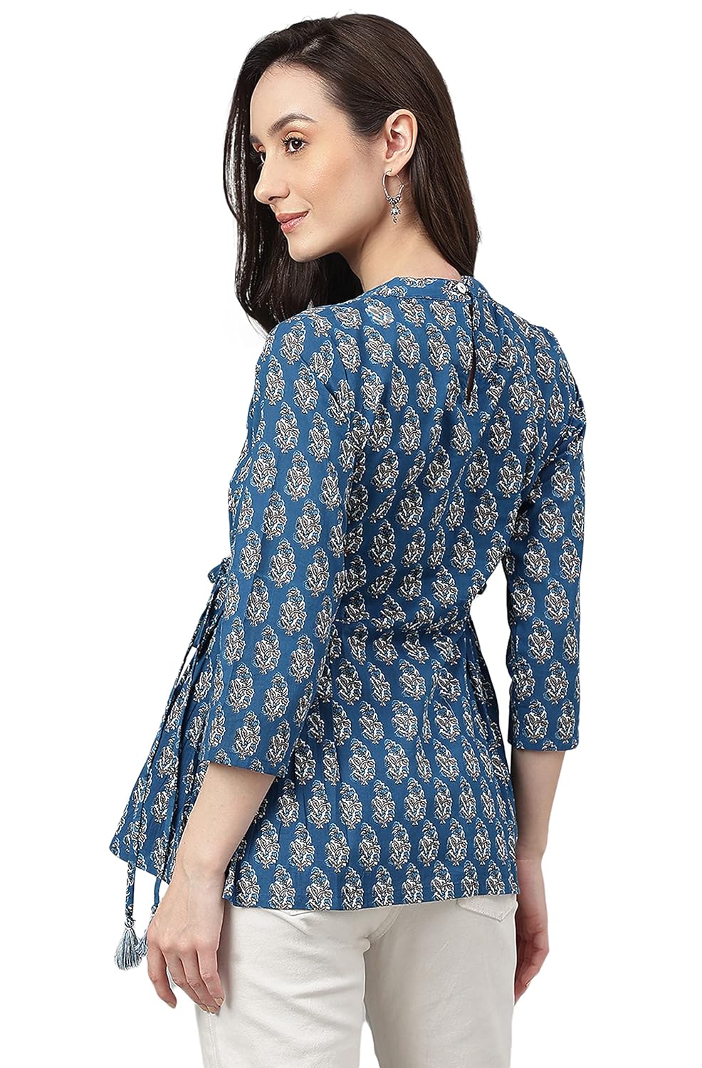 Janasya Women's Teal Cotton Floral Block Print Flared Top