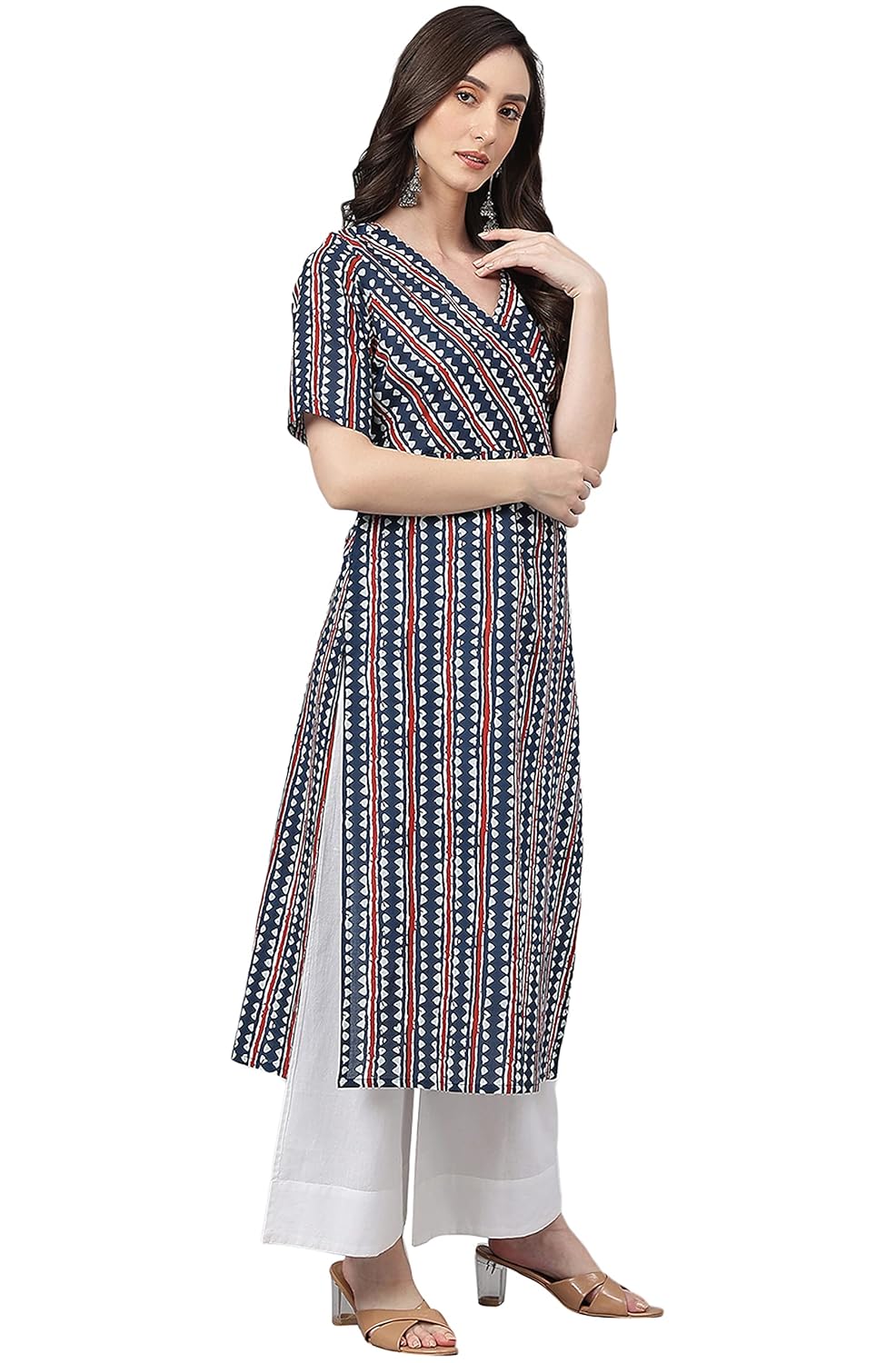 Janasya Women's Navy Blue Cotton Geometric Straight Kurta