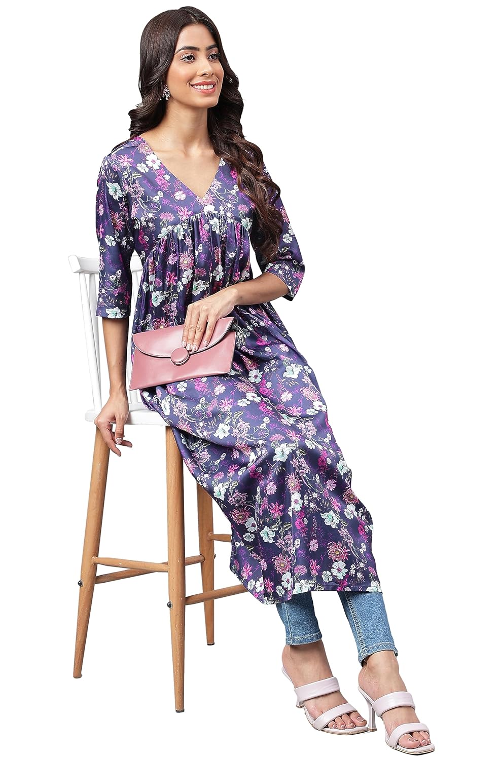 Janasya Women's Navy Blue Satin Digital Floral Printed Gathered Kurta