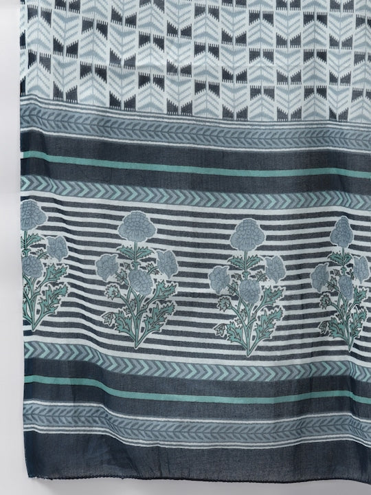 Yufta Women Navy Blue Ethnic Motifs Printed Gotta Patti Pure Cotton Kurta with Trousers & With Dupatta