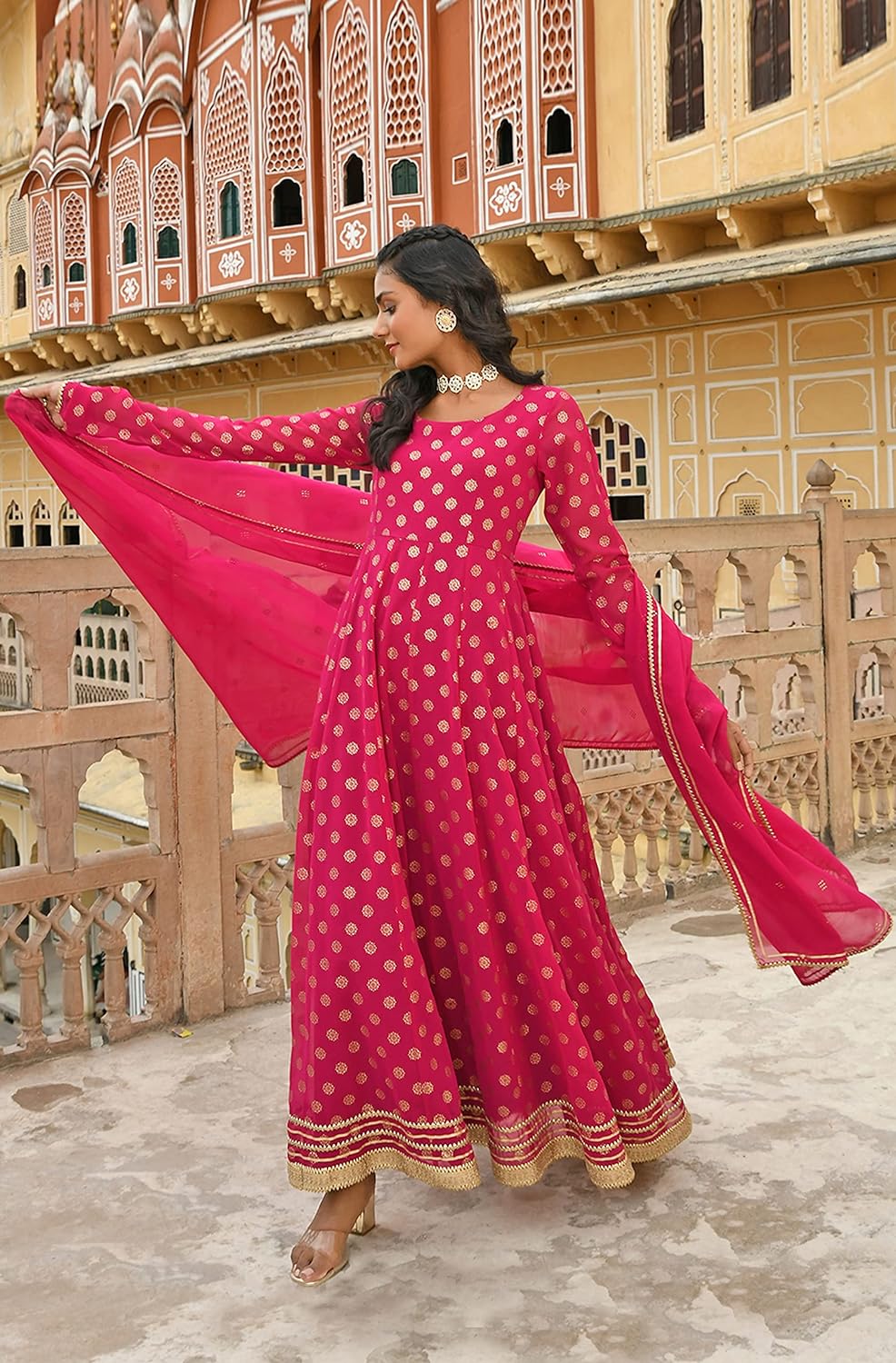 Janasya Women's Bright Pink Georgette Foil Print Kurta with Dupatta