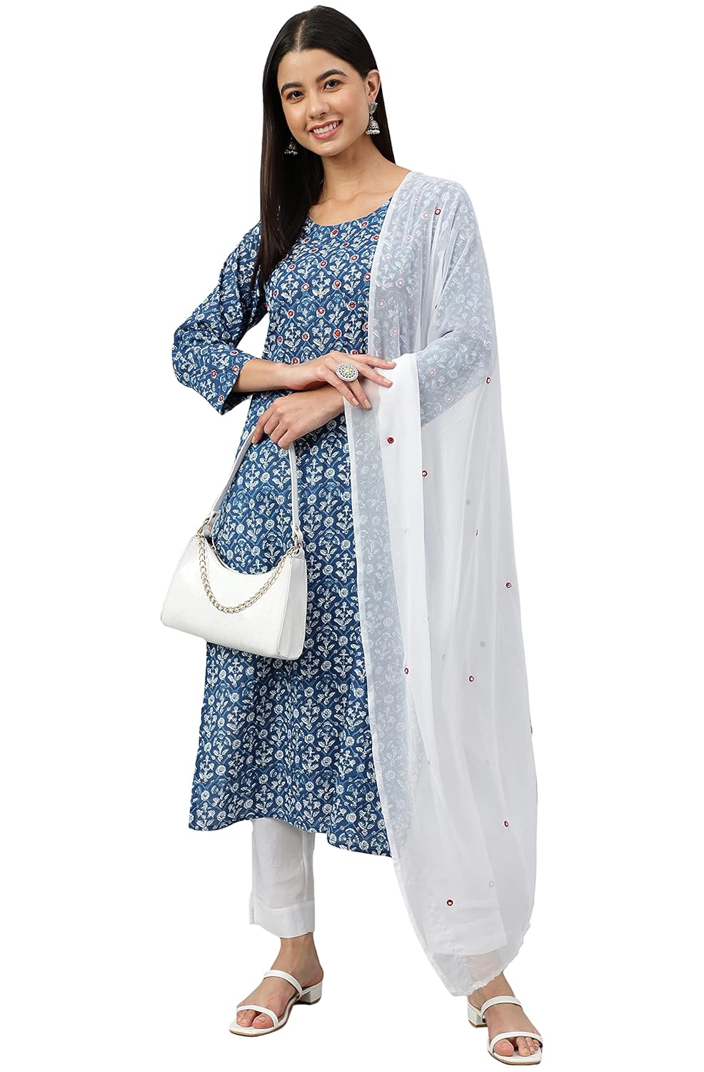 Janasya Women's Navy Blue Cotton Floral Print Kurta with Pant and Dupatta