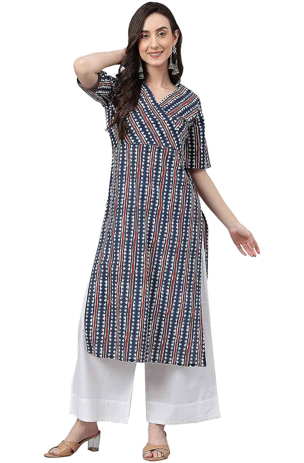 Janasya Women's Navy Blue Cotton Geometric Straight Kurta